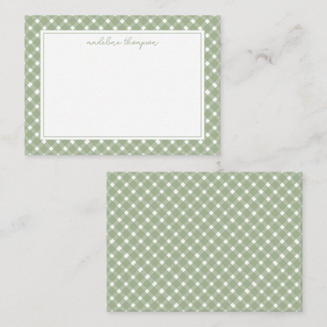 Basic Gingham Sage Green Border Note Card (Front/Back)