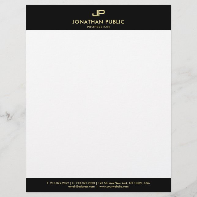 Basic Letterhead Elegant Black White Gold Monogram (Front)