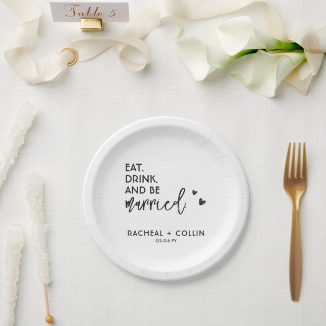 Basic Minimalist Black and White Calligraphy Heart Paper Plates (Wedding)