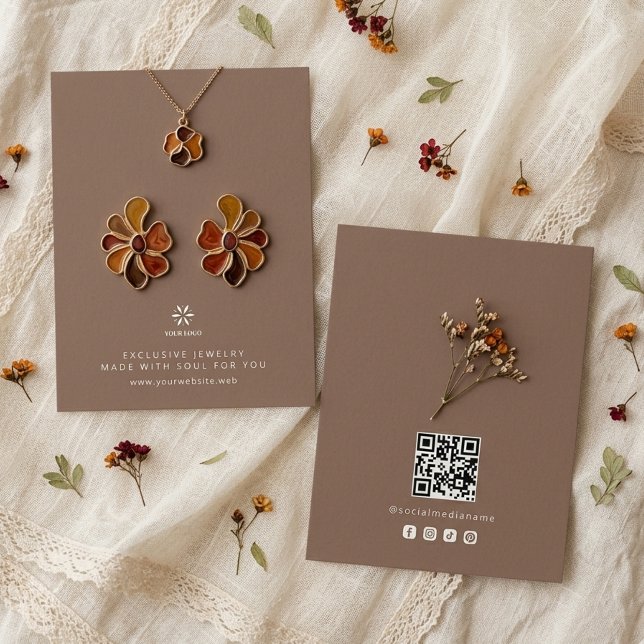 Basic Mocha Brown Jewelry Display Logo TMF26 Business Card (Basic Minimalist Mocha Brown Jewelry Display Card Template, featuring Business Logo, Custom QR Code.)