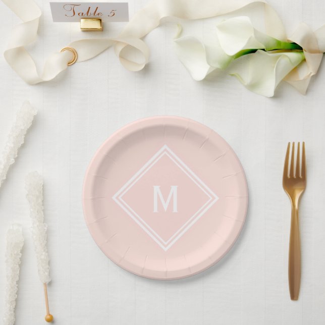 Basic Modern Stylish Peach Custom Monogram Paper Plates (Wedding)