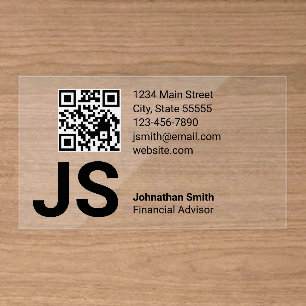 Basic Monogram Initials QR Code Professional Clear Business Cards