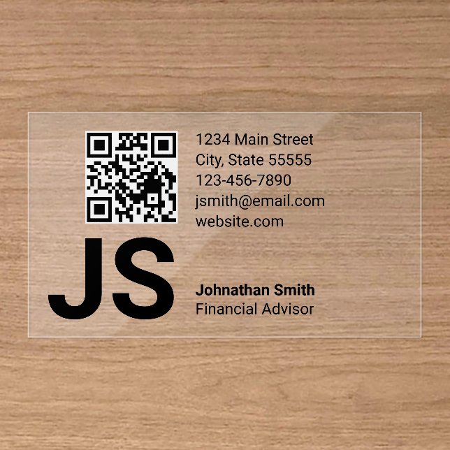 Basic Monogram Initials QR Code Professional Clear Business Cards (Front (Wood))