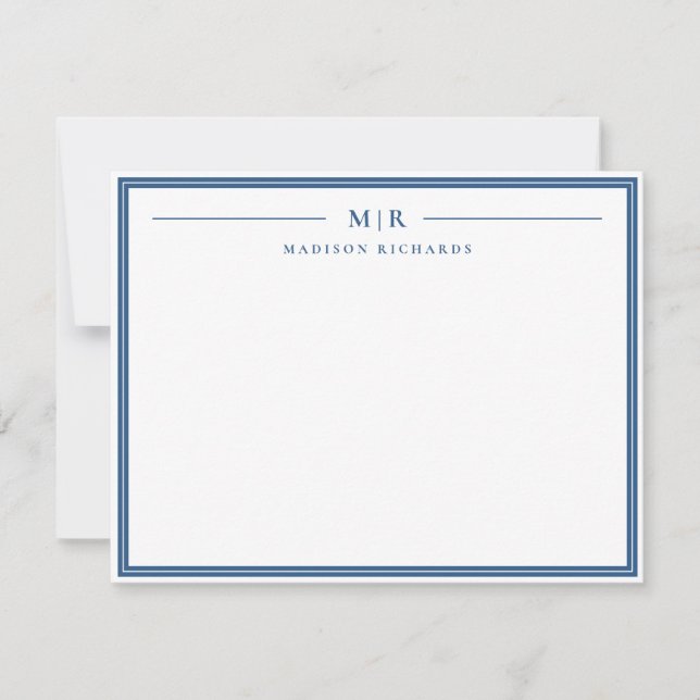 Basic Monogram Navy Blue Border Personalized Note Card (Front)