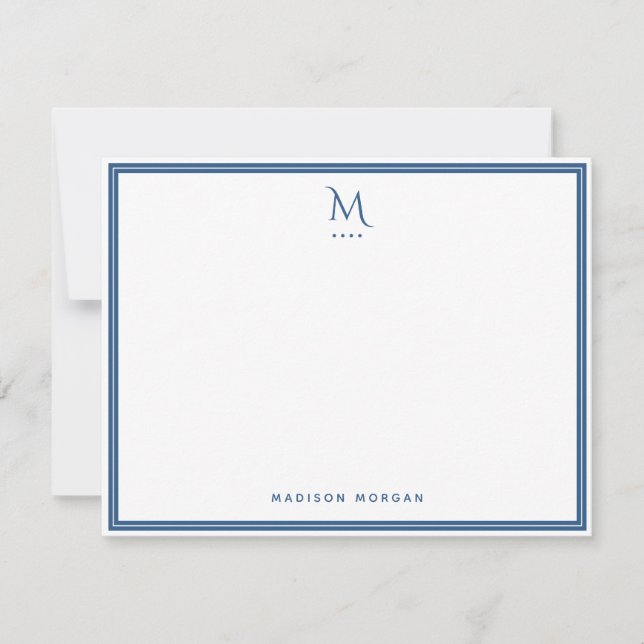 Basic Monogram Navy Blue Border Personalized  Note Card (Front)