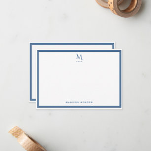 Basic Monogram Navy Blue Border Personalized  Note Card