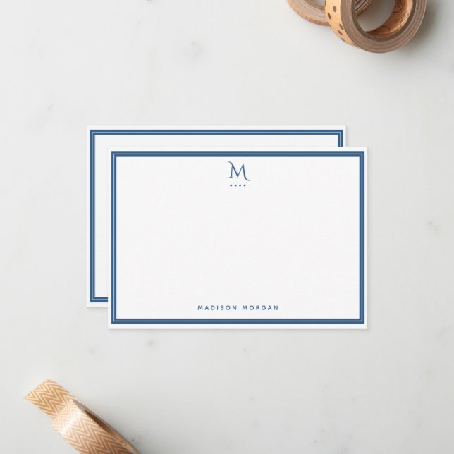 Basic Monogram Navy Blue Border Personalized  Note Card (Front/Back In Situ)