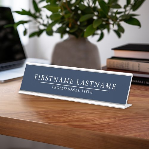 Basic Navy Blue White with Name Title Simple Line Desk Name Plate