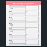Basic Password Tracker with Username and Notes Let Letterhead<br><div class="desc">A great design to organize your passwords. This design includes an area to add your name at the top. Other areas included basic password information for username and password. You can change the color bar on the top.</div>