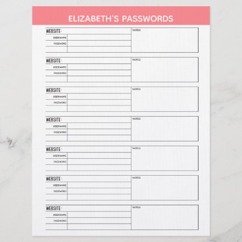 Basic Password Tracker with Username and Notes Let Letterhead