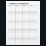 Basic Password Tracker with Username and Notes Letterhead<br><div class="desc">A great design to organize your passwords. This design includes an area to add your name at the top. Other areas included basic password information for username and password.</div>