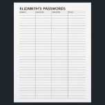Basic Password Tracker with Username and Notes Letterhead<br><div class="desc">A great design to organize your passwords. This design includes an area to add your name at the top. Other areas included basic password information for username and password.</div>