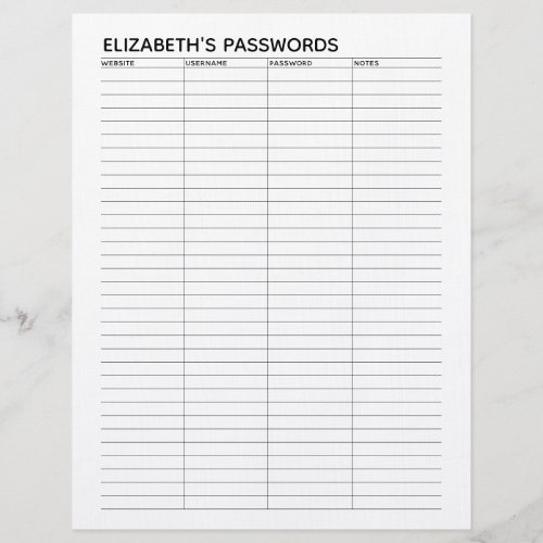 Basic Password Tracker with Username and Notes Letterhead