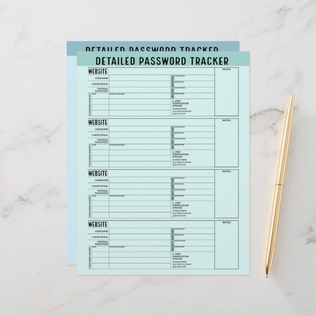 Basic Password Tracker with Username and Notes Letterhead (Front/Back In Situ)