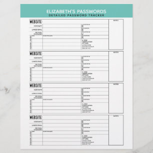 Basic Password Tracker with Username and Notes Letterhead