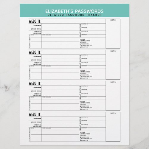 Basic Password Tracker with Username and Notes Letterhead