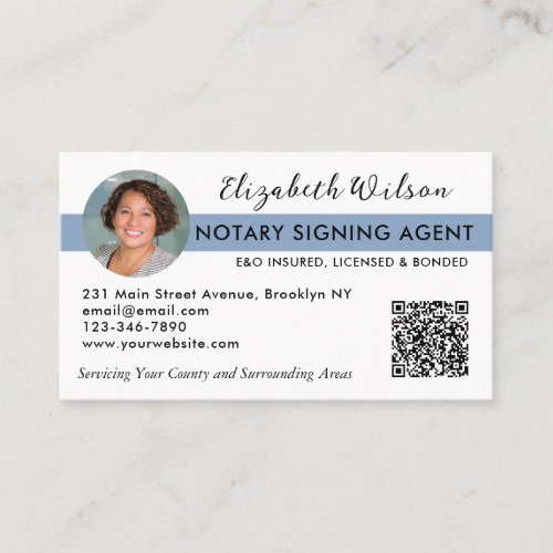 Basic Photo QR Notary Signing Loan Agent Navy Blue Business Card