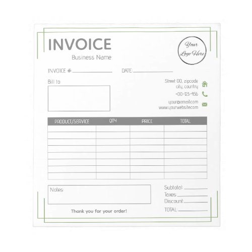 Basic white green with logo small business invoice notepad