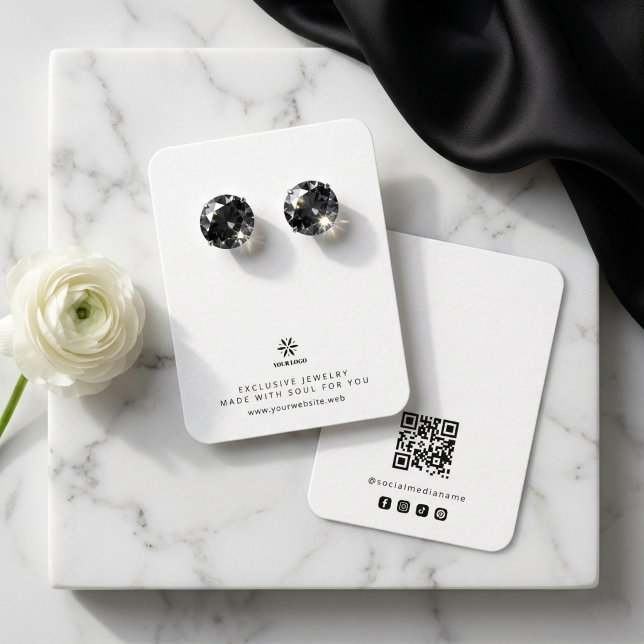 Basic White Jewelry Display Template Logo TMF26 Business Card (Basic Minimalist White Jewelry Display Card Template, featuring Business Logo, Custom QR Code.)