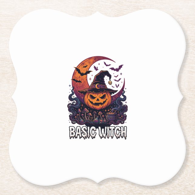 Basic Witch Halloween Pumpkin Crescent Moon Cauldr Paper Coaster (Front)