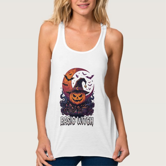 Basic Witch Halloween Pumpkin Crescent Moon Cauldr Tank Top (Front)