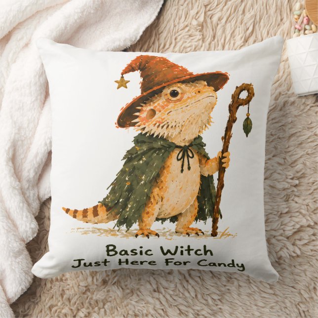 Basic Witch Just Here For Candy Bearded Dragon Throw Pillow (Blanket)