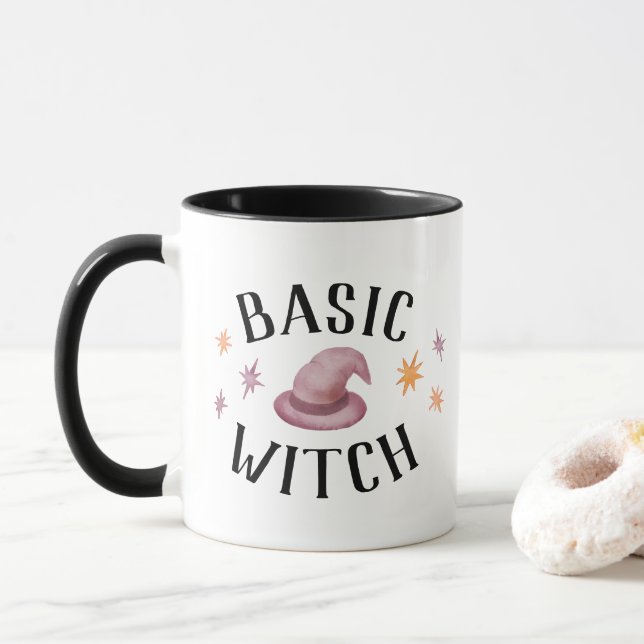 Basic Witch with Stars Modern Funny Halloween  Mug (With Donut)