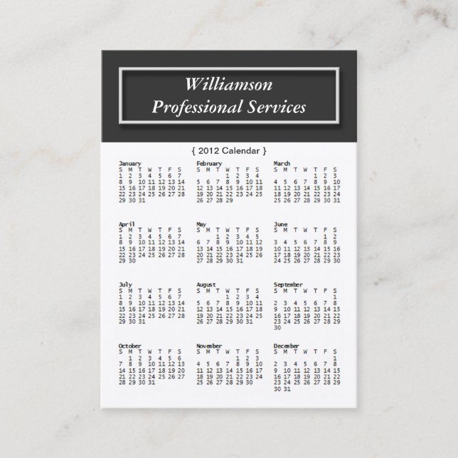 Basic with Dark Gray 2012 CALENDAR Business Cards (Front)