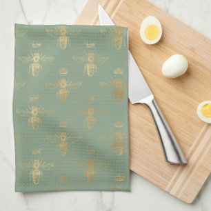 Basil Green and Gold Queen Bee Kitchen Towel