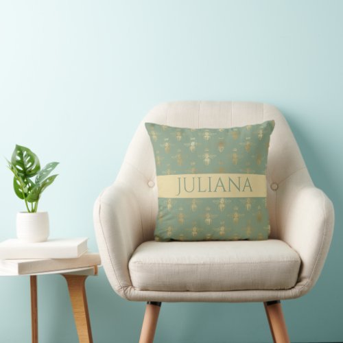 Basil Green and Gold Queen Bee Personalized Throw Pillow