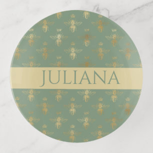 Basil Green and Gold Queen Bee Personalized Trinket Tray