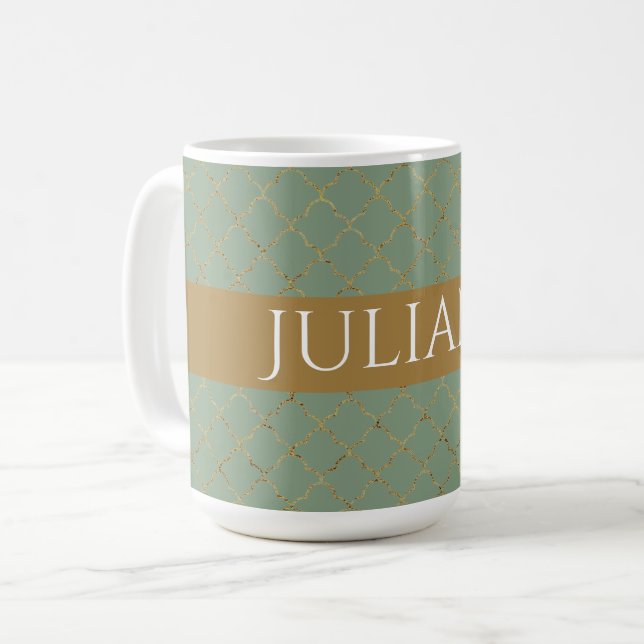 Basil Green Gold Quatrefoil Personalized  Coffee Mug (Front Left)