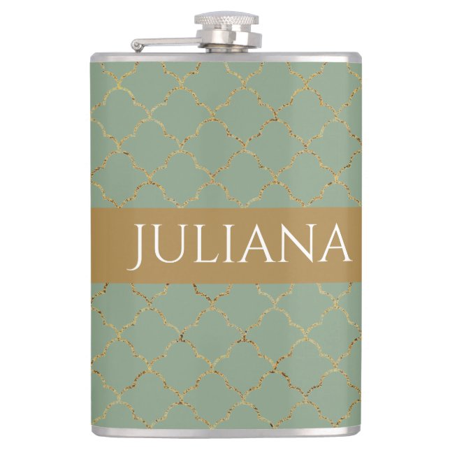 Basil Green Gold Quatrefoil Personalized  Flask (Front)