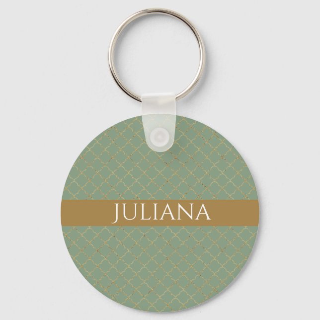Basil Green Gold Quatrefoil Personalized  Keychain (Front)