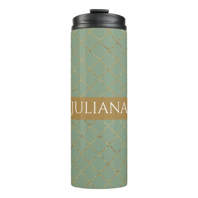 Basil Green Gold Quatrefoil Personalized  Thermal Tumbler (Front)