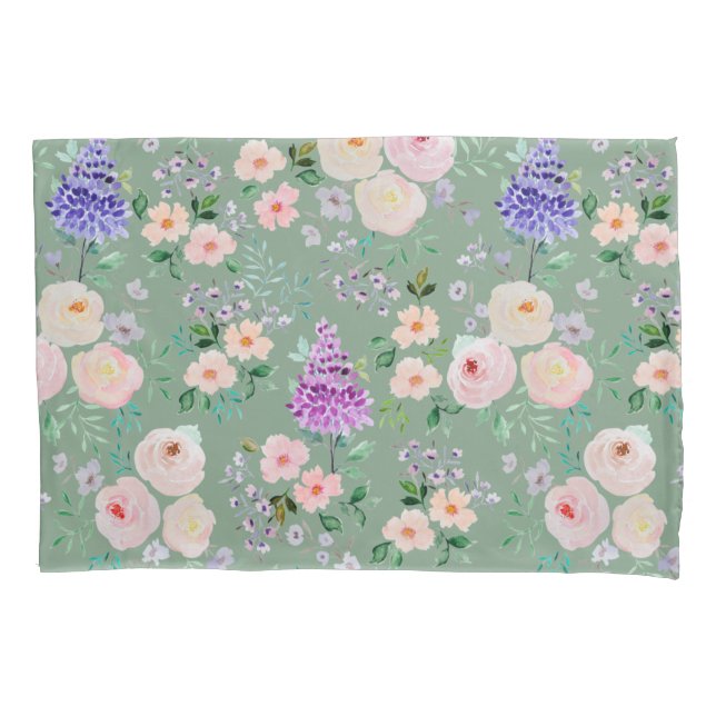 Basil Green Watercolor Floral Pillow Case (Front)