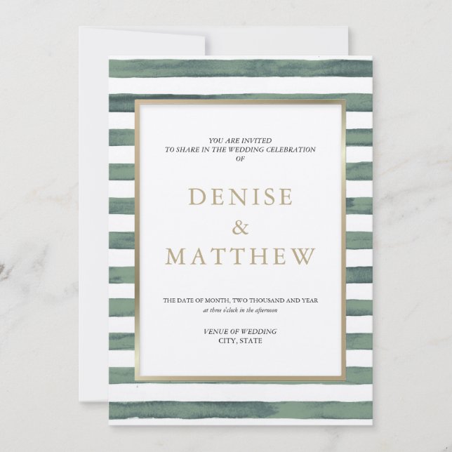 Basil Green Watercolor Stripes with Gold Lettering Invitation (Front)