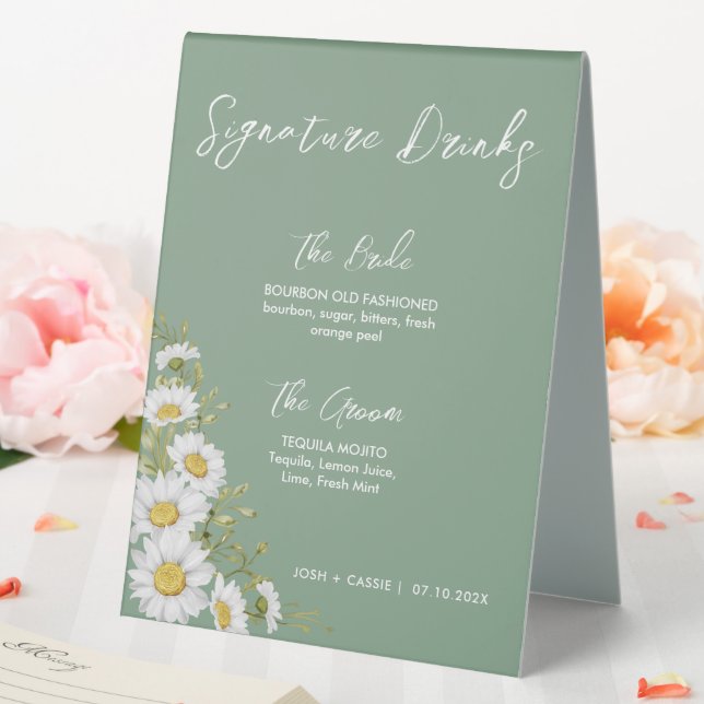 Basil Green & White Daisies Signature Drinks Table Tent (In SItu (Wedding))