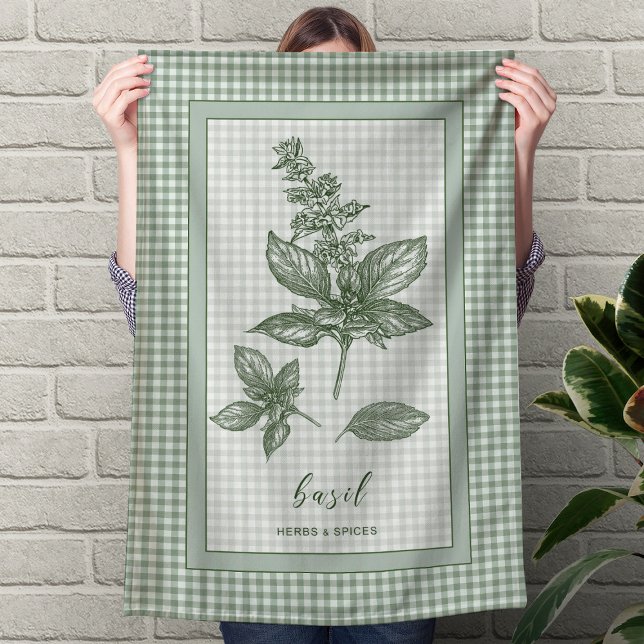 Basil Herb Kitchen Towel – Green Gingham Border (Basil Herb Kitchen Towel – Green Gingham Border)