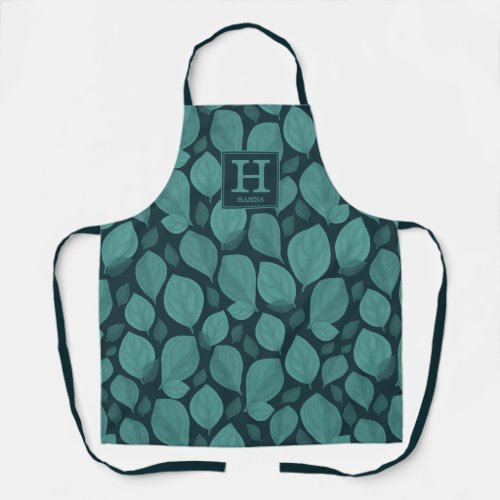 Basil Herb Leaf Pattern Botanical Monogram Apron - Dark Turquoise Basil Herb Leaf Pattern Botanical Name and Monogram Apron. Basil leaves in a pattern on a black background. Add your name and monogram.