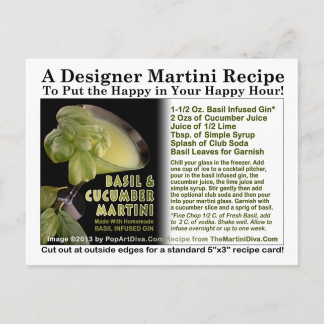 Basil Infused Gin Cucumber Martini Recipe Postcard (Front)