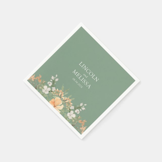 Basil, Peach and White Floral Wedding Napkins (Corner)