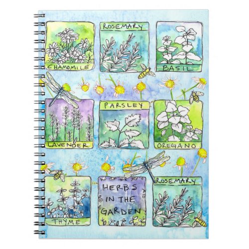 Basil Plants Dragonfly Bees Herb Garden Notebook