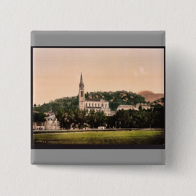 Basilique from La Prairie, Lourdes, Pyrenees, Fran Pinback Button (Front)
