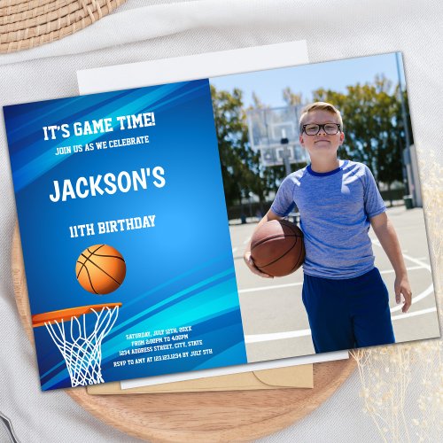 Basket Blue back Basketball Invitations with photo