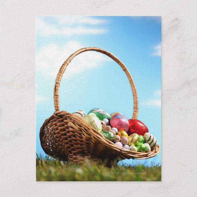 Basket filled with Easter eggs on grass, ground Holiday Postcard (Front)