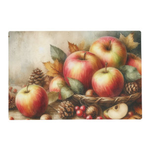 Basket of apples on table vintage watercolor placemat