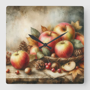 Basket of apples on table vintage watercolor  square wall clock