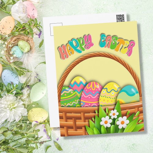 Basket of colored Easter Eggs  Happy Easter Holiday Postcard