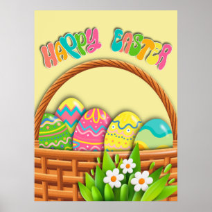 Basket of colored Easter Eggs Happy Easter wall Poster